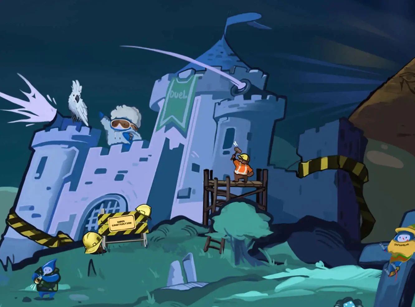 Duel themed castle illustration used as homepage hero art